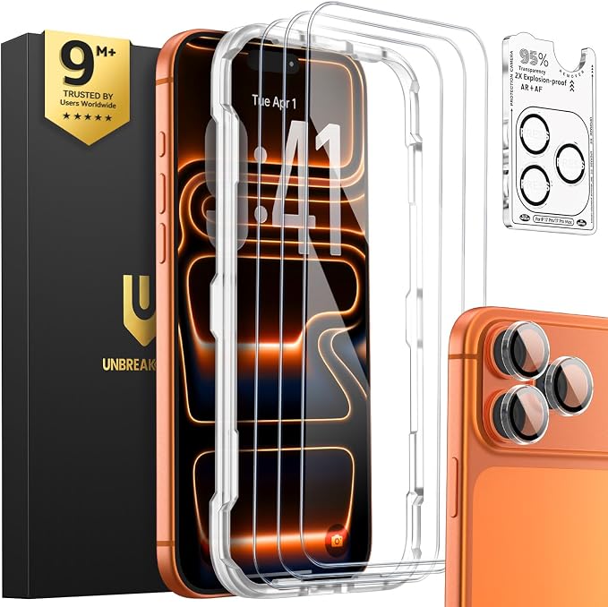 UNBREAKcable iPhone 17 Pro Max Screen Protector & Camera Lens Protector | Upgraded Dual-Tempered Glass with Military-Grade 9H Hardness, 3-Pack,HD Clarity, Anti-Fingerprint, Case Friendly, Fits 6.9'' by UNBREAKcable