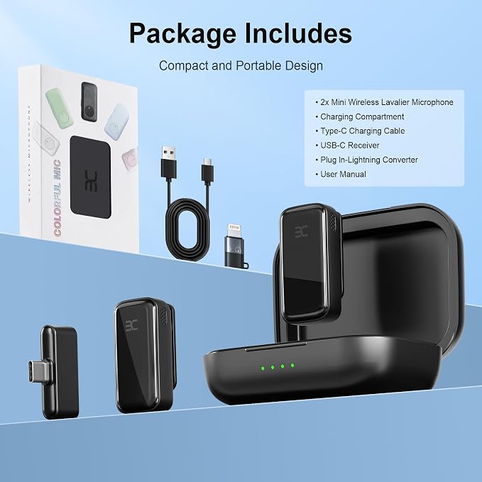 EX Wireless Lavalier Microphone System, Dual Clip-On Mics + Charging Case, 164ft Range Plug-and-Play for iPhone/Android, Advanced Noise Reduction, 48H Runtime-Video Recording, TikTok, YouTube, Black - Image 8