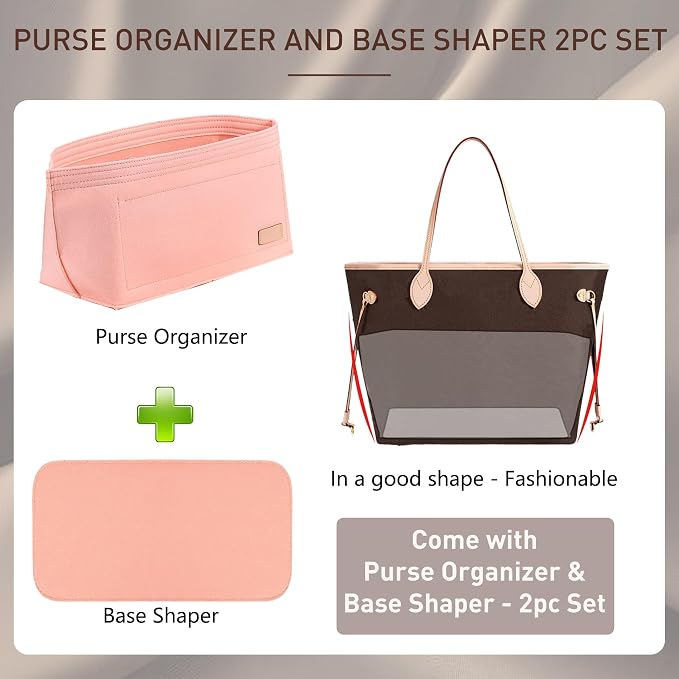Doxo Purse Organizer Insert for Handbags & Base Shaper 2pc Set, Felt Neverfull PM Organizer Insert, Tote Bag Organizer with Zipper Pocket and Bottle Holder, Fit Neverfull PM and More, Pink-M - Image 3