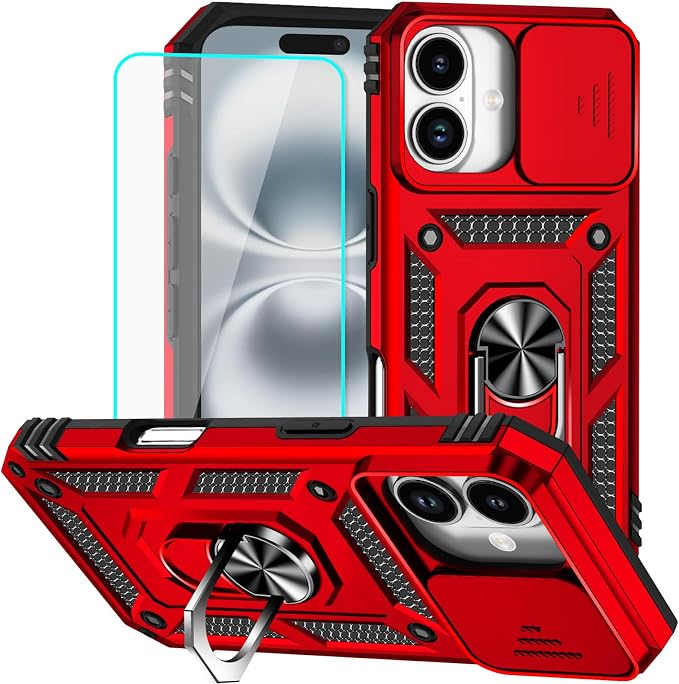 HNHYGETE for iPhone 16 Case with Screen Protector: [Military Grade 20ft. Drop Tested] Slide Camera Cover Ring Shockproof Protective Phone Case for - iPhone 16 (Red) by HNHYGETE