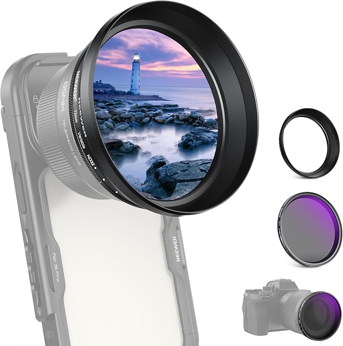 NEEWER 72mm Variable ND Filter with 77mm Lens Hood, ND2-32 Adjustable Neutral Density Filter Compatible with iPhone Android Samsung NEEWER 65mm Telephoto Phone Lens by Neewer