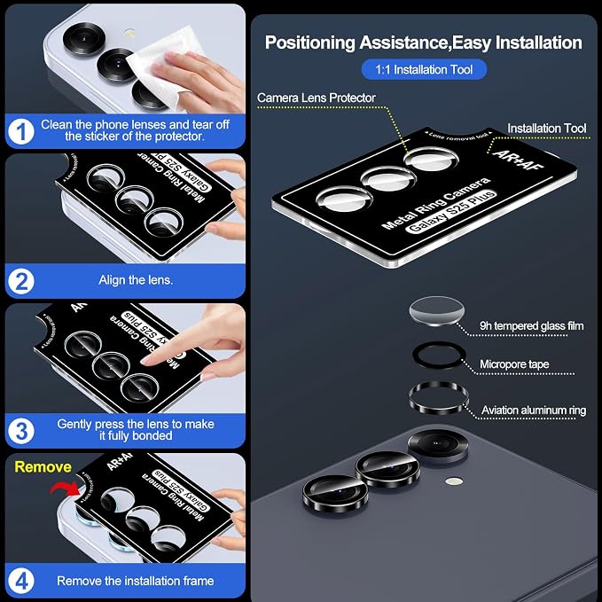 for Samsung Galaxy S25 Plus Camera Lens Protector, Individual Metal Ring Tempered Glass Lens Cover, [Strong Adsorption] Scratch Resistant Ultra-Thin HD Clear Lens Cover, 1 Set-Black Ring - Image 6