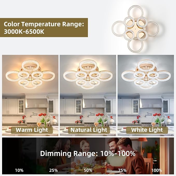 Modern Ceiling Light, 8 Rings 26.8'' Dimmable LED 106W Flush Mount Ceiling Lights with Remote Acrylic Crystal Round Ceiling Light Fixture, Bedroom Living Room Dining Room, Gold - Image 2