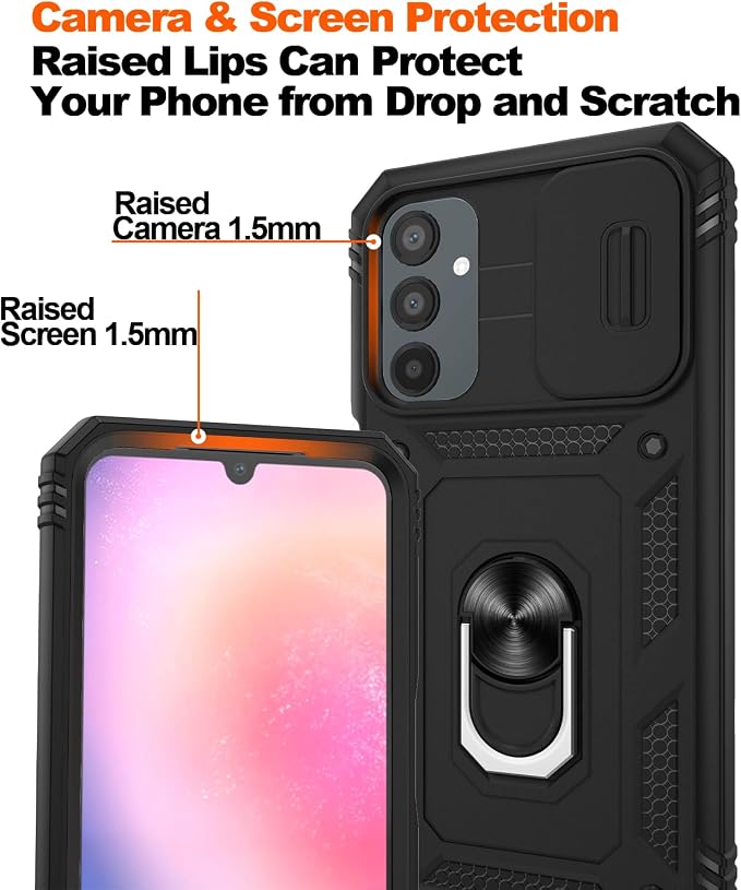 Fit for Samsung A24 Phone Case with 2PCS Screen Protector, Build in 360° Rotating Ring Kickstand, Military Grade Protective Case for Samsung A24 Case Phone, Black - Image 4