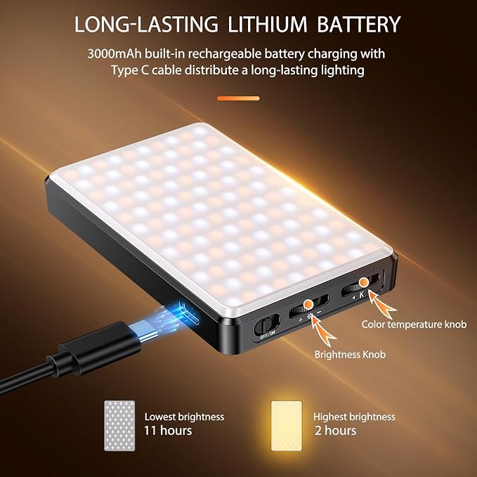120 LED Video Light, Portable USB Photo Light Dimmable 2500-9000K CRI 95+ 5000mAh Battery with Tripod with Colored Filters and Clip, Photo Lamp for Phone/iPad/Camera - Image 6
