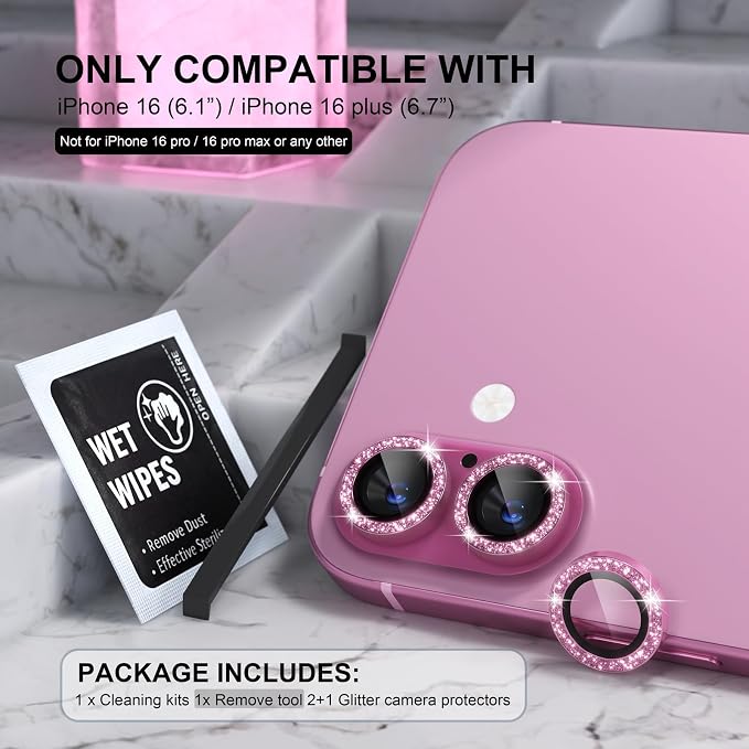 Choiche for iPhone 16/16 Plus Camera Lens Protector Bling, Glitter-Pink | Ultra HD, 9H Tempered Glass Camera Cover Screen Protector Metal Individual Ring Decoration Accessories, 2-Lens, 6.1/6.7-inch - Image 2