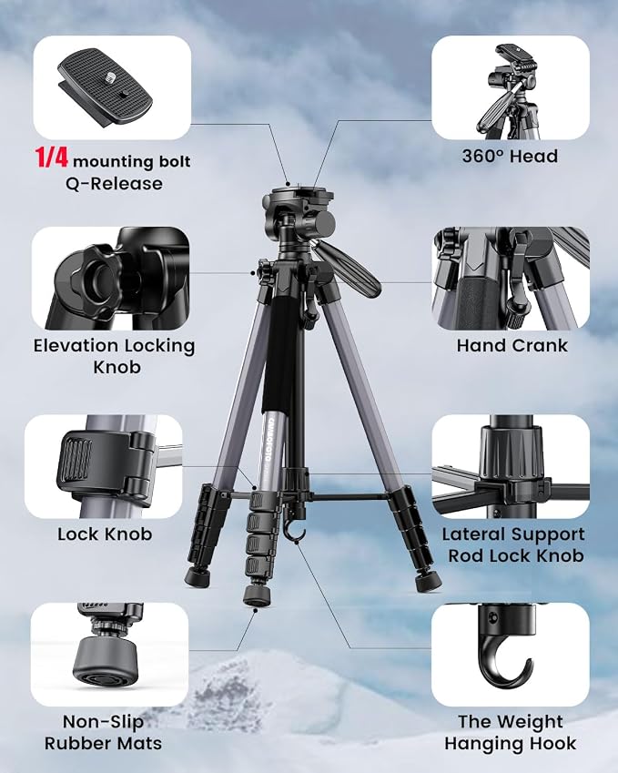 CAMBOFOTO 74″ Camera Tripod, Phone Tripod for iPhone Lightweight Tripod | 360° Pan Head Gunmetal Gray Heavy‐Duty Tripod Stand for DSLR & Mirrorless Cameras/Smartphones/GoPro, with Phone Mount - Image 6