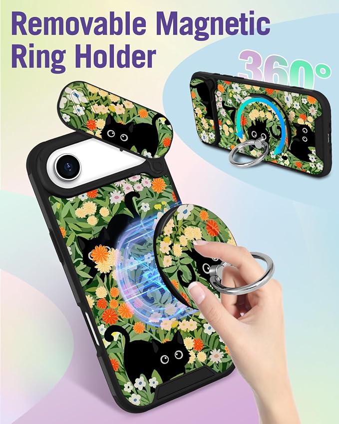 Buleens for iPhone 17 Air Case 6.5 Inch - with Ring Stand & Camera Cover Aesthetic Cute Designed for Women Girls Pretty Girly Cat Flowers Phone Case for iPhone 17 Air Compatible with Magsafe - Image 5