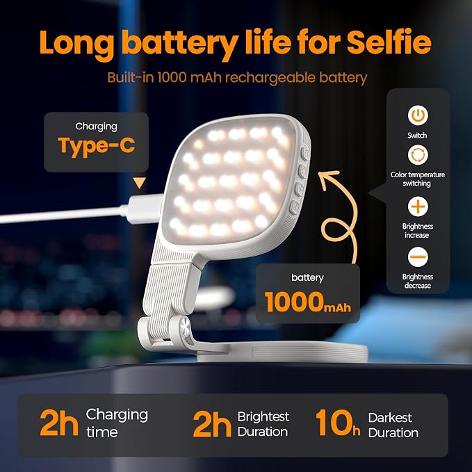 Magnetic Selfie Light, 3 Color Modes, 1000mAh Foldable & Rotatable Fill Light, Compatible with iPhone 11-17 Series, Samsung, MagSafe, White - Image 2