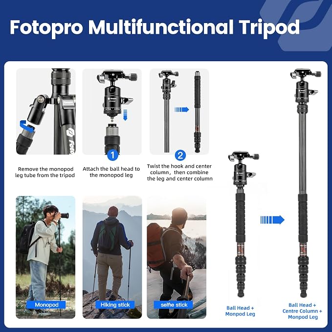 Fotopro 60" Carbon Fiber Travel Tripod for Camera, 2.0lb Ultra-Light, Flexible Center Axis, 360° Pan/Tilt Ball, Arca QR Plate, Max Load 13.6lb - Image 3