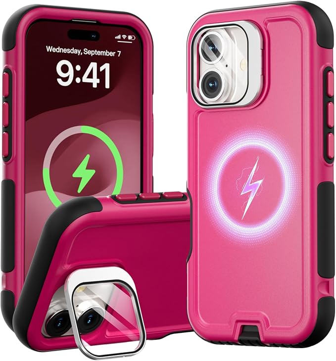 Follaroma Magnetic for iPhone 17 Case with Camera Cover Stand,Hot Pink,6.3" | Built-in Glass Camera Cover Stand,Compatible with MagSafe,Heavy Duty Shockproof Protective,Military-Grade Anti-DropDual Case by Follaroma