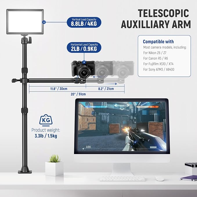 NEEWER TL253A+DS001 Table Camera Tripod with 2 Section Arm | Phone Holder, Ball Heads, Screw Adapter, Table Light Stand for Camera, Mobile Phone, Webcam, Ring Light - Image 3
