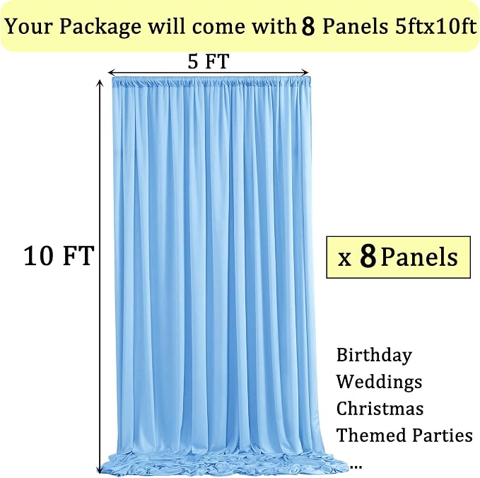 40ftx10ft Wrinkle Free Baby Blue Backdrop Curtains for Parties, 8 Panels Thick Polyester Backdrop Drapse for Weddings Birthday Photography Background Curtains - Image 5