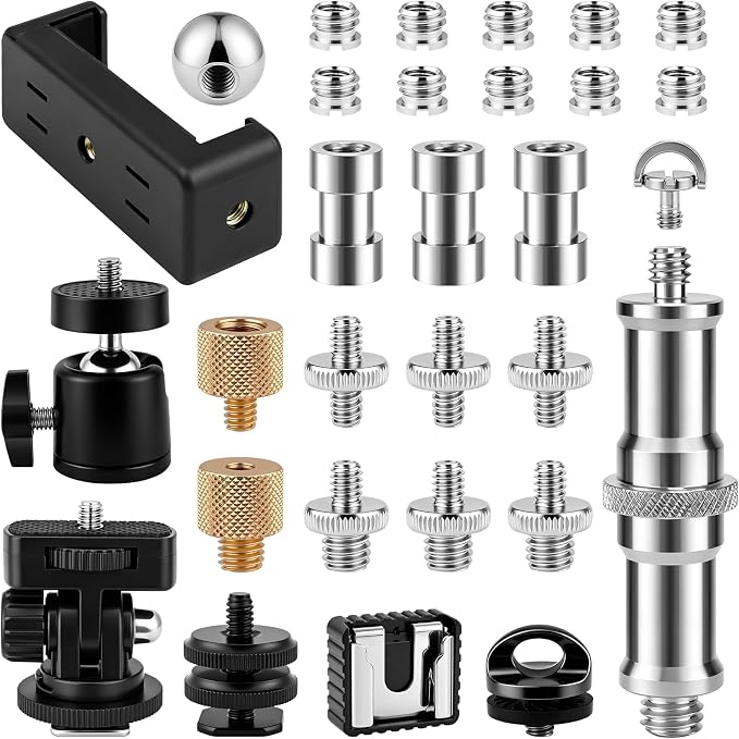 30Pack Camera Tripod Screw Mount Kit, 1/4" & 3/8" Camera Screw Adapter | with Ball Head, Cold Shoe Mount, Phone Clamp, Flash Hot Shoe Adapter for Camera, Tripod, Ring Light, Mic & LED Video Light by conglow