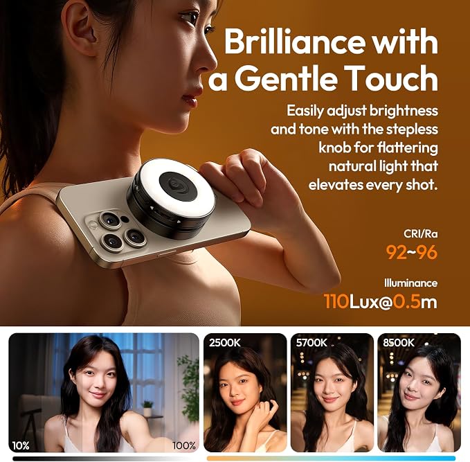 ULANZI LM23 Magnetic Selfie Light for iPhone with Magsafe, Mirror, Hook | 2500K-8000K CRI96 360° Rotation Type‑C LED Phone Selfie Beauty Fill Light for Video Recording/Vlogging/Meeting/TikTok-Black - Image 6