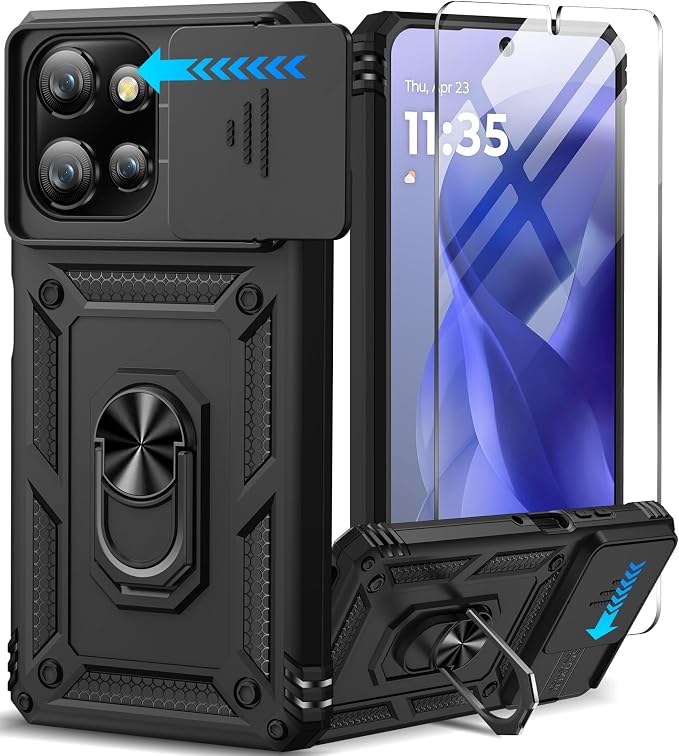Taisairu for Motorola Moto G Power 2026/G Power 2025 Case with Screen Protector & Slide Camera Lens Cover, Built-in Ring Stand Cover for Moto G Power 2025/Moto G Power 2026 Case (Black) by Taisairu