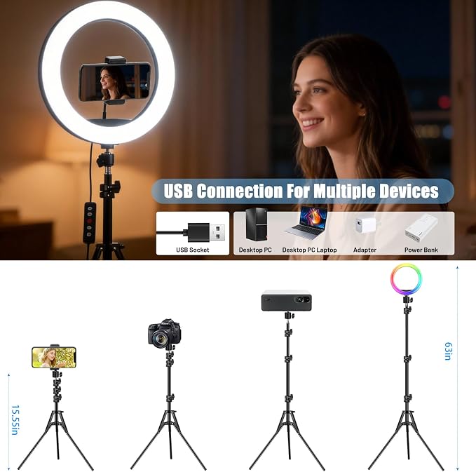 12'' Selfie Ring Light with Stand and Phone Holder, 75" Tripod 96 RGB Mode | Remote for iPhone &Android Camera. LED Halo Light for Photo/Video Recording/TikTok/Makeup. Vlogging Circle Ringlight Dimmable - Image 7