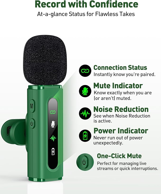 USB C Wireless Lavalier Microphone for iPhone, iPad & Android Phone, Green | 360° Rotatable Clip, Clear Indicator Light, Noise Reduction, Plug & Play, Ideal for Vlogs, TikTok & YouTube Content Creators - Image 4