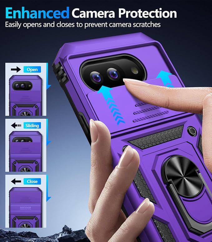 Taisairu for Google Pixel 9A Case with Screen Protector & Slide Camera Lens Cover, Built-in 360°Rotate Magnetic Ring Stand Shockproof Protective Phone Case for Google Pixel 9A Case (Purple) - Image 7