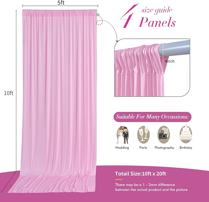 20 ft x 10 ft Wrinkle Free Baby Pink Backdrop Curtain for Parties, 4 Panels 5ftx10ft Polyester Photo Backdrop Drapes for Baby Shower Birthday Party Photography Wedding Backdrop Stand - Image 5