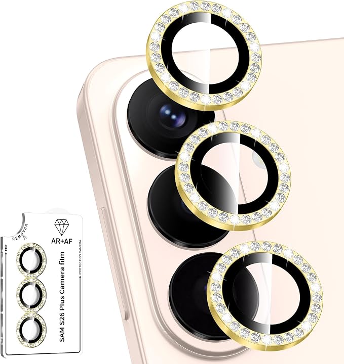 for Samsung Galaxy S26 Plus Camera Lens Protector, Individual Metal Ring Tempered Glass Lens Cover, [Strong Adsorption] Scratch Resistant Ultra-Thin HD Clear Lens Cover, 1 Set-Gold Diamond by Btscase