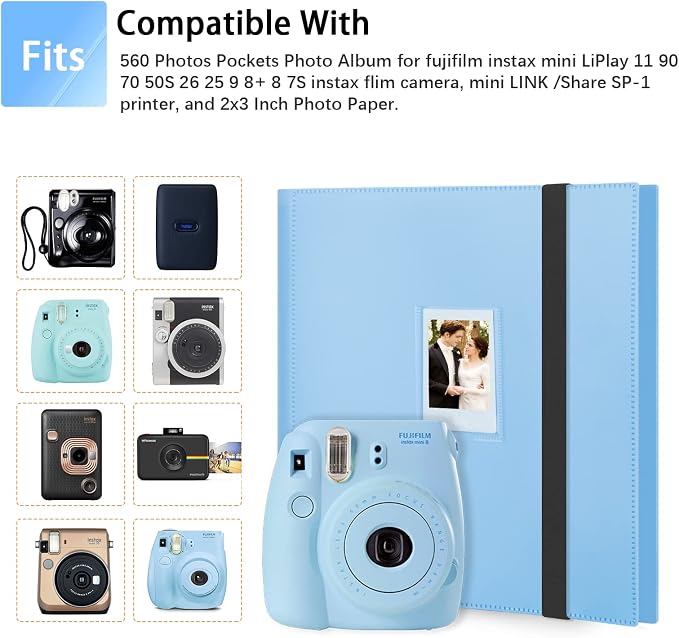 560-Pocket Photo Album for Instax Mini & Polaroid 2x3 Pictures, Blue | Large Capacity Photo Book, Elastic Band Closure, Safely Holds Your Unique Memories for Secure Storage and Easy Viewing - Image 4