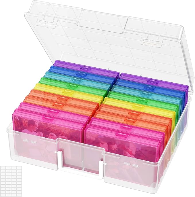 Lifewit 18 Pcs Photo Storage Box for 4"x 6" Pictures, Acid-Free, Multicolor | 1 Pcs Transport Outter Case with Handle& Labels, Container for Cards, Sticker, Seed, Scrapbooking, Craft, Classroom Supplies by Lifewit