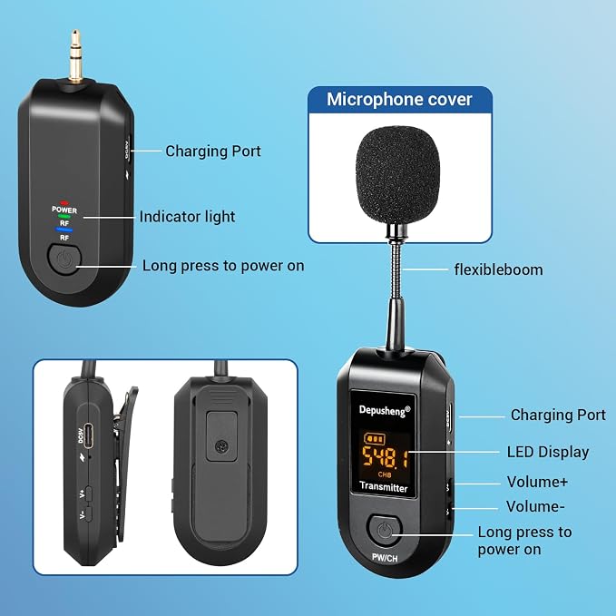 Depusheng 2.4G Wireless Microphone Headset,Lavalier and Handheld Mic 160ft Range,with 1/8''&1/4'' Plug for PA System,Voice Amplifier (lavalier Microphone) - Image 4