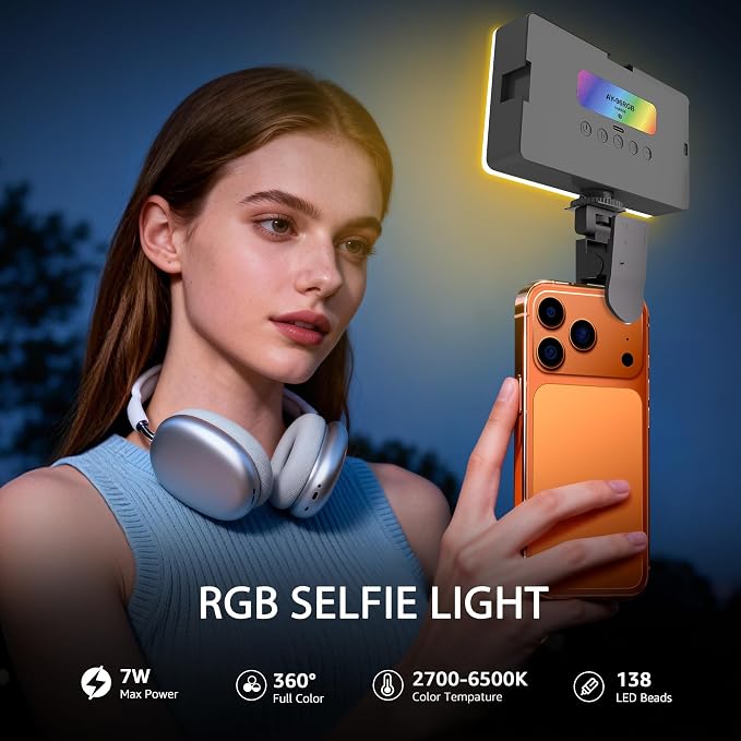 NiceVeedi RGB Selfie Light, 138 LED Beads Phone Light, 360° Full Color Camera Light with Clip and Cold Shoe, CRI95+/180 Minutes Rechargeable Video Light for Video Recording/iPhone/TikTok/Makeup/Zoom - Image 2
