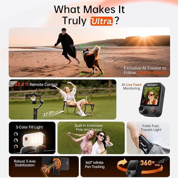 hohem iSteady V3 Ultra Gimbal Stabilizer for iPhone Gimbal with AI Tracking | Bi-Fill Light Built-in Extendable Rod & Tripod,Detachable Remote Control,Stabilizer for Video Recording (Black) - Image 2
