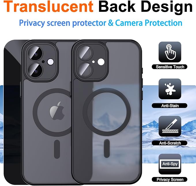 for iPhone 16 Plus Case with Privacy Screen Protector, Black | Full Camera Protection, Matte Translucent, Magnetic, Compatible with MagSafe, Shockproof Phone Cover for iPhone 16Plus - Image 2