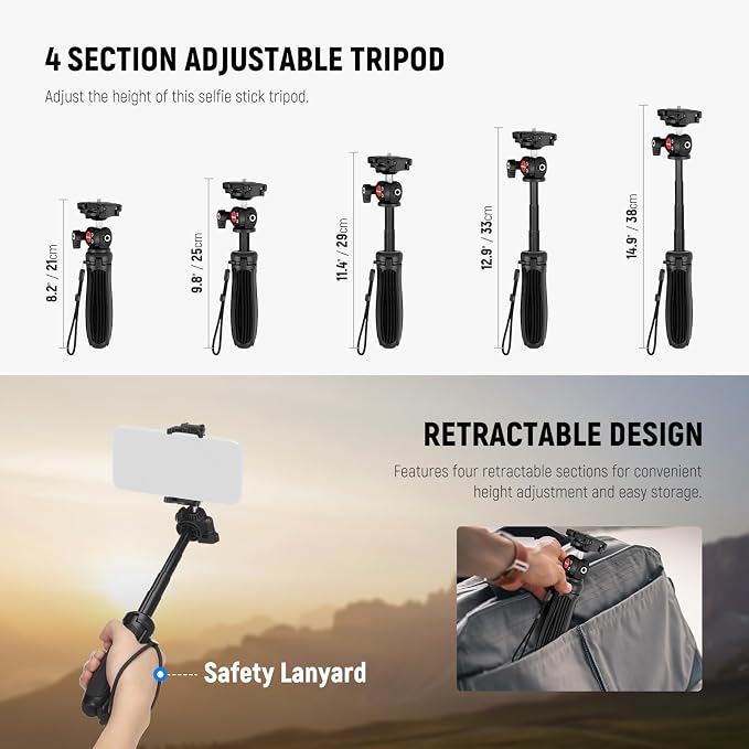 NEEWER TP38 Phone Camera Tripod, 15" Extendable Selfie Stick Metal Stand | Phone Holder, Action Camera Adapter, Compatible with Hero 13 12 11 10 9, 360° Ball Head Travel Tripod for Vlogging - Image 2
