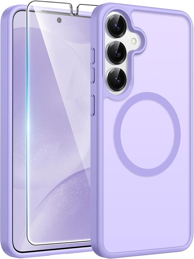 FNTCASE for Samsung Galaxy S25/S24 Case, Fit for Magsafe, Screen Protector | Translucent Matte Magnetic Back, 14FT Military Grade Drop Protection, Shockproof Protective Phone Cover, Light Purple by FNTCASE