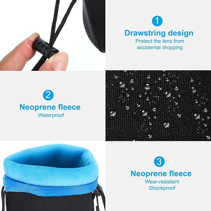 PATIKIL 2 Pcs 3.7" ID x 7.1" H Neoprene Drawstring Lens Pouch, Black, Blue, Camera Lens Case - Image 4