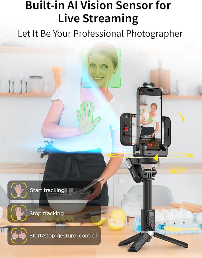 AOCHUAN Gimbal Stabilizer for iPhone Gimbal w/360° Rotation-M1 Pro Black | Auto Face Tracking and Wireless Remote for TIK Tok, YouTube, Vlog, 4 in 1 Gimbal Stabilizer Sefie Stick Tripod - Image 2