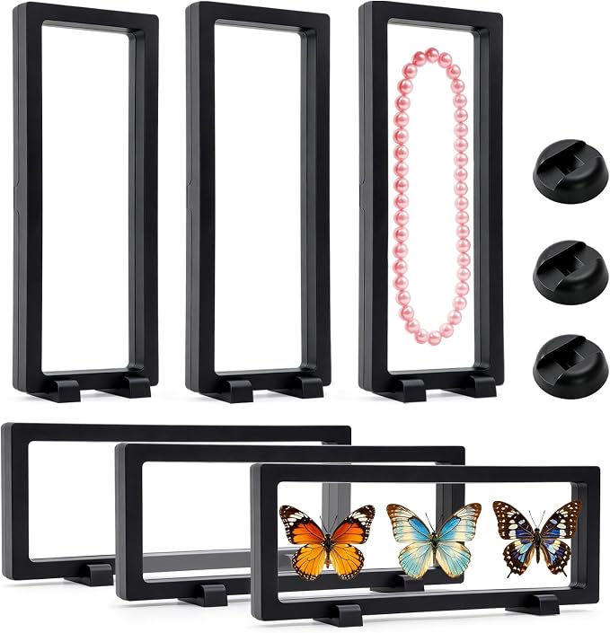 6 Pcs 3D Floating Frame Case, Clear Challenge Coin Display Stand | 2 Bases Option, Transparent PE Film Storage Box Holder for Jewelry, Medals, Specimens, Rocks, Fossils, Gemstones by QUMENEY