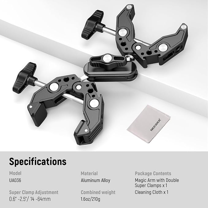 NEEWER Double Super Clamp with Magic Arm, Cleaning Cloth, Umbrella Camera Pole Clamp Mount for Desk Photo Studio Light Stand, Reflector, Scrim, Cross Bar, Motorcycle, Photography Accessories, UA036 - Image 7