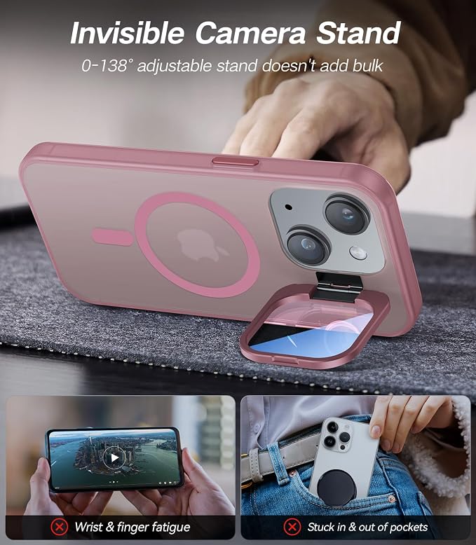 VOFATA for iPhone 15 Case with Camera Cover Stand [Built-in 9H Camera Lens Protector][Fit for Magsafe] Military Grade Shockproof Translucent Matte Magnetic Phone Case 6.1", Pink - Image 3