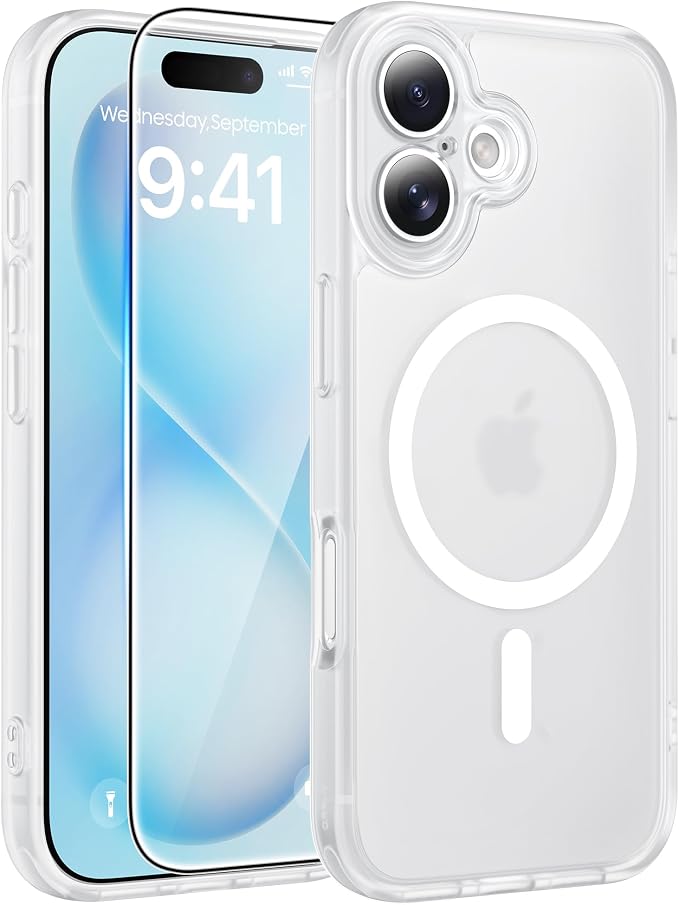 FNTCASE for iPhone 16 Plus Case, Fit for Magsafe, Screen Protector, White | Full Camera Protection, Translucent Matte, 14FT Military Grade Drop Proof, Shockproof Protective Phone Cover by FNTCASE