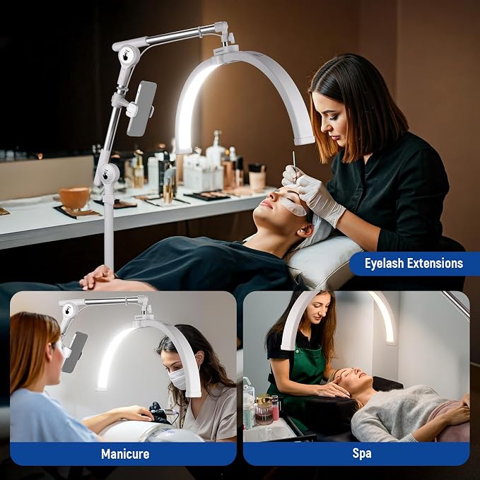 NEEWER Basics 22" Half Moon Lash Light with Articulating Desk Clamp Mount Stand/Phone Holder, 32W Foldable LED Nail Tech Table Arc Lamp for Makeup Beauty Tattoo Overhead Video Recording, HM03-D - Image 7