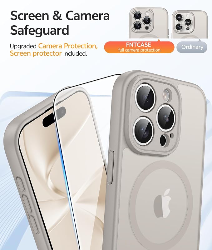 FNTCASE for iPhone 15 Pro Max Case, Fit for Magsafe, Glass Screen Protector | Full Camera Protection, Translucent Matte, 14FT Military Grade Drop Proof, Shockproof Protective Phone Cover, Off White - Image 4