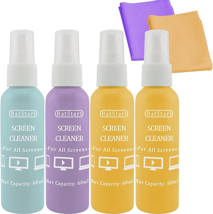 Screen Cleaner Spray and Wipes, 4-Pack Cleaning Kit for Electronic Screens - Compatible with MacBook, iPhone, PC, Laptop, Monitor, Phone, Tablet, TV, Car Display and Eyeglasses Lens by Hatstart