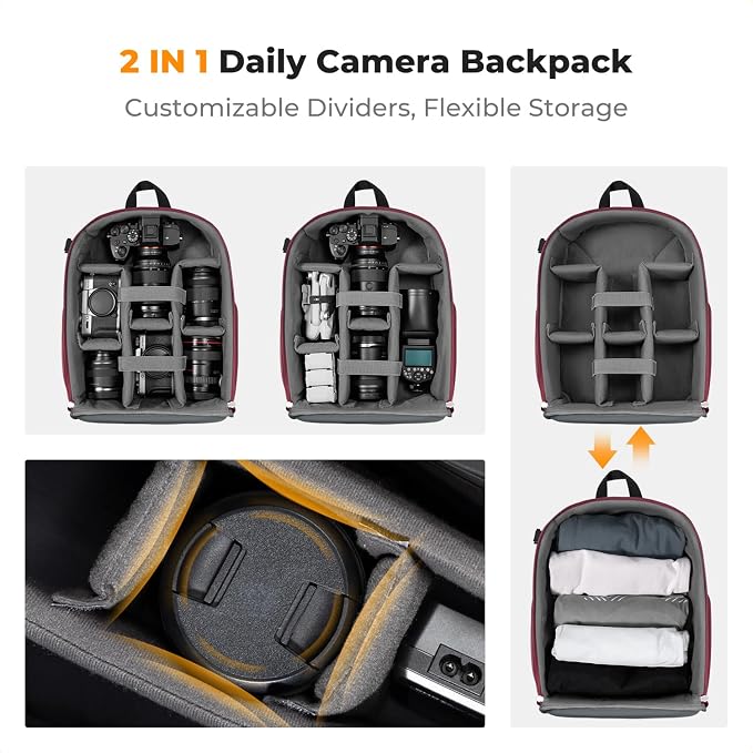 K&F CONCEPT Camera Backpack, DSLR/SLR/Mirrorless Photography Camera Bag | 14in Laptop Compartment & Rain Cover, 600D Fabric for Travel & Daily, Men & Women, Dual-Mode Detachable Dividers, Red, B19 - Image 5