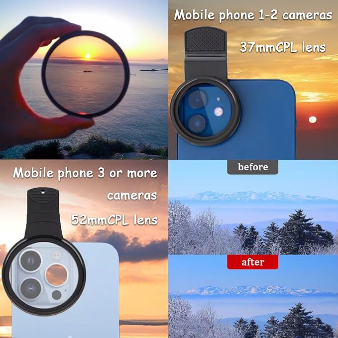 52mm CPL Polarized Phone Camera Lens, Universal Clip On CPL Phone Filter Lens, HD Optical Glass Polarized Lens for iPhone Samsung Most Phones, Anti-Glare Camera Lens for Photography - Image 3