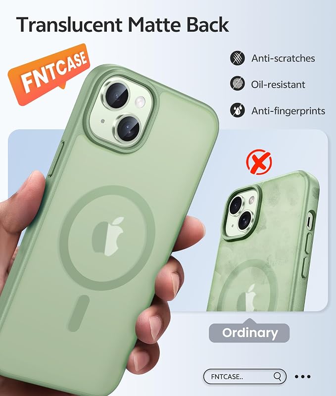 FNTCASE for iPhone 15/14 Plus Case, Fit for Magsafe, Screen Protector | Translucent Matte Magnetic Back, 14FT Military Grade Drop Protection, Shockproof Protective Phone Cover, Light Moss - Image 6