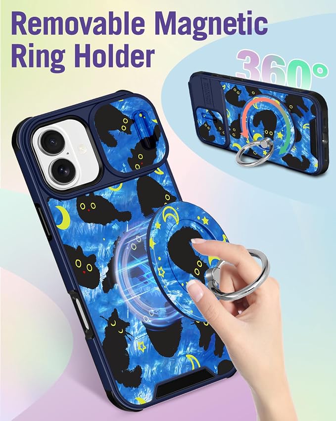 Buleens for iPhone 17 Case 6.3 Inch - with Ring Stand & Camera Cover Aesthetic Cute Designed for Women Girls Girly Kawaii Blue Cat Stars Teen Phone Case for iPhone 17 Compatible with Magsafe - Image 5