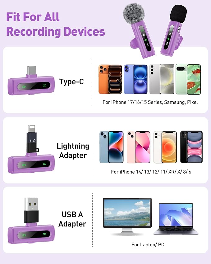 USB C Lavalier Microphone Wireless Mini Mic for Type-C Android Phone/Tablet/PC Video Recording Clip-on Mics with Rotatable Clip&Denoise Recording, Ideal for Vlog Tiktok Youtube Content Creator, Purple - Image 5