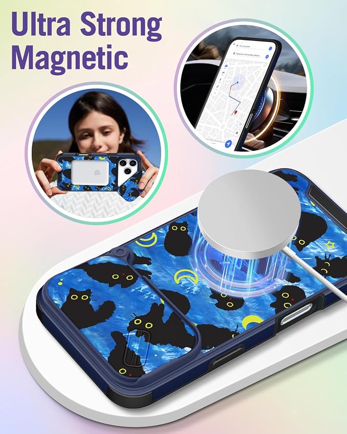 Buleens for iPhone 17 Pro Max Case 6.9 Inch - with Ring Stand & Camera Cover Aesthetic Cute Designed Women Girl Girly Kawaii Blue Cat Stars Phone Case for iPhone 17 Pro Max Compatible with Magsafe - Image 4
