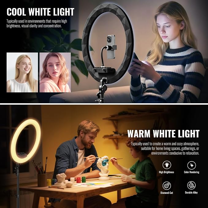 19" LED Ring Light with Stand, 78.7" Tripod, 3 Phone Holders | 45W Selfie Light, 2700K-6300K Adjustable Color, CRI 96+, Dimmable Brightness for Live Streaming, TikTok, YouTube, Makeup - Image 3
