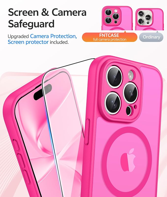 FNTCASE for iPhone 15 Pro Max Case, Fit for Magsafe, Glass Screen Protector | Full Camera Protection, Translucent Matte, 14FT Military Grade Drop Proof, Shockproof Protective Phone Cover, Hot Pink - Image 4